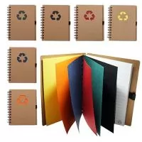 Tamanho 18 cm x 15 cm. Bloco de anotação ecológico com símbolo reciclado na capa, acompanha com as folhas: vermelha, amarela, laranja, azul, verde e preto, possibilitando deixar a cor desejada como fundo do logo reciclado. Possui aproximadamente 70 folhas brancas pautadas com logo reciclado na lateral inferior das folhas, possui também elástico suporte para caneta(não acompanha caneta). 