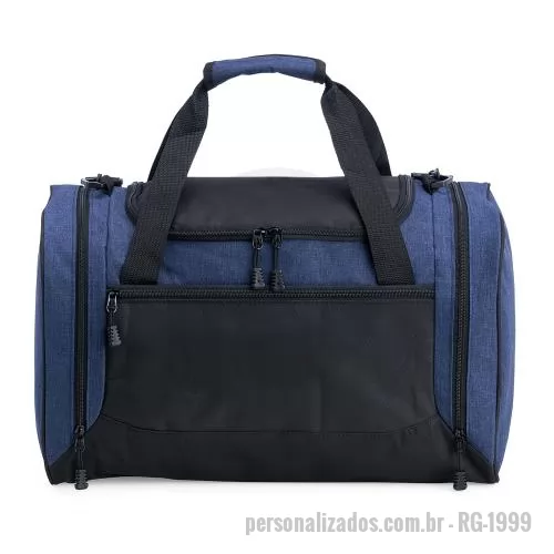 Bolsa de academia personalizada - Bolsa de 46 litros em nylon resistente à água, quatro compartimentos, bolso lateral telado para tênis. Alça transversal regulável.