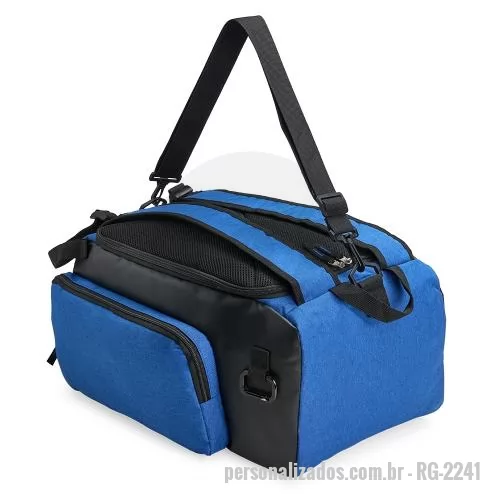 Bolsa de academia personalizada - Bolsa esportiva resistente à água em poliéster com detalhes emborrachados, capacidade até 40 litros. Três compartimentos, bolso notebook 13.