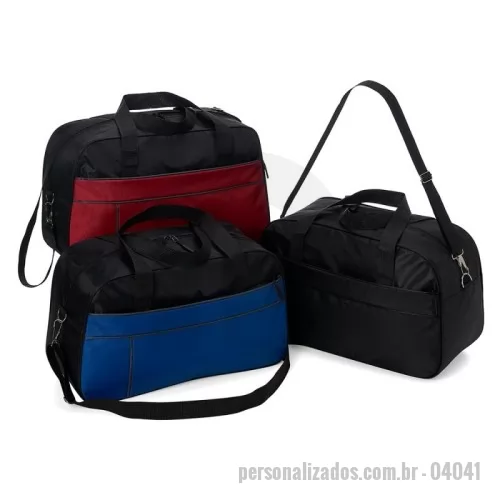 Bolsa de viagem personalizada - Bolsa esportiva de 33 litros em poliéster resistente à água com dois compartimentos. Contém bolso interno e acompanha alça transversal.