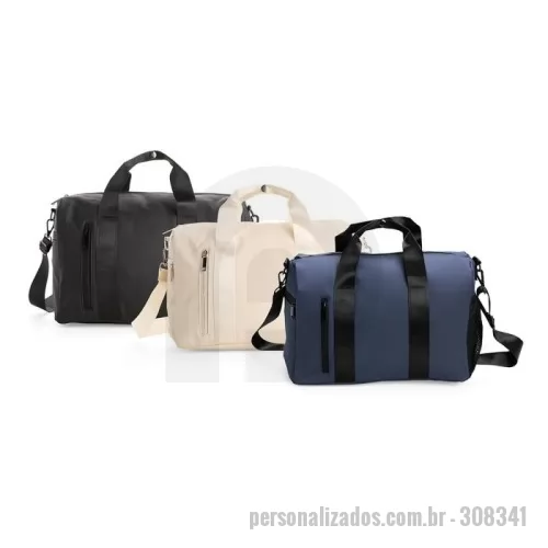 Bolsa de viagem personalizada - 	Bolsa confeccionada em couro sintético impermeável com fechamento em zíper e capacidade máxima de 20 litros. Apresenta compartimento interno revestido em nylon e bolso dedicado a objetos menores. Possui dois compartimentos externos em tamanhos diferentes, bolso em tela de nylon e três alças: duas de mão e uma transversal removível.