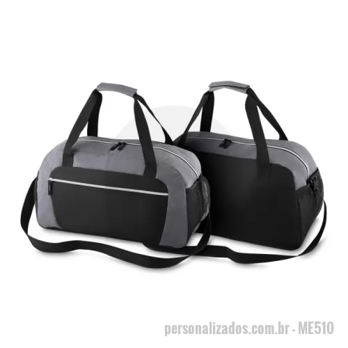 Bolsa Esportiva personalizada - Mala esportiva em poliéster 600D e 300D, zíper frontal, bolsos laterais, alça de mão e ombro.