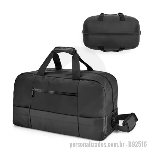 Bolsa Esportiva personalizada - Bolsa esportiva executivo em 840D jacquard e 300D com interior forrado. Contém bolsos frontais, fundo com placa semi-rígida e alça de ombro ajustável com reforço almofadado. Capacidade até 30 L. Gravação da logomarca em 1 cor já inclusa.