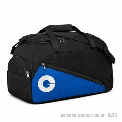 Bolsa Esportiva personalizada - Bolsa Esportiva em Poliéster com bolsos laterais e frontal, alça de mão e alça de ombro regulável e removível. Disponível em várias cores. Gravação da logomarca em 1 cor já inclusa.