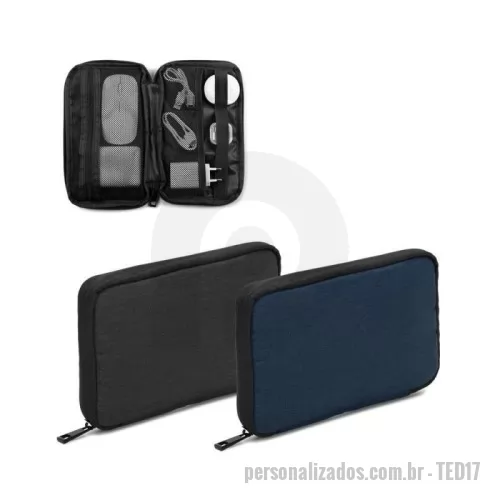 Bolsa multifunções personalizada - Bolsa organizadora para acessórios tecnológicos, composta por poliéster reciclado 600d de alta densidade e forro em poliéster reciclado 210d.