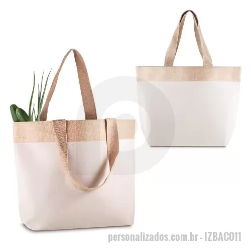 Bolsa multiuso personalizada - Sacola em Algodão Cru 220g/m² com detalhe em Juta. Alça com altura de 24 cm, ideal para transporte.