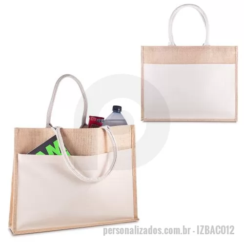 Bolsa multiuso personalizada - Sacola em Juta com bolso frotal em Algodão Cru 220g/m². Alças resistentes de Algodão Cru,interior revestido em plástico PP. Base plana para maior estabilidade. Alça com altura de 20 cm, ideal para transporte.