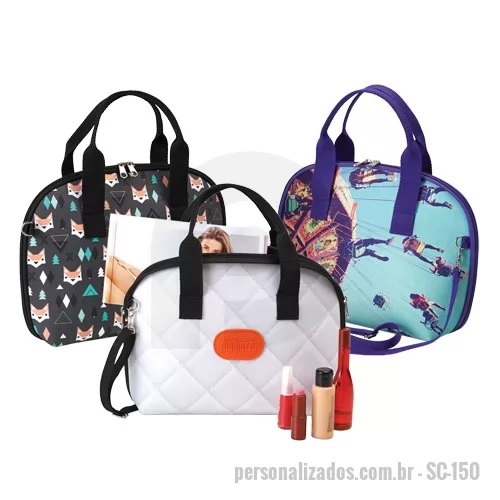 Bolsa multiuso personalizada - Bolsa personalizada confeccionada em uma combinação resistente e macia de E.V.A. e helanca; com aplicação de logomarca em transfer; fechamento em zíper. 