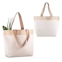 Sacola em Algodão Cru 220g/m² com detalhe em Juta. Alça com altura de 24 cm, ideal para transporte.