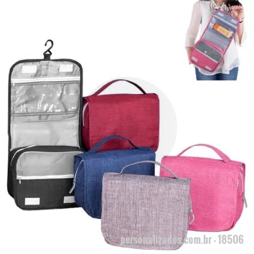 Bolsa personalizada - Bolsa de cosméticos em nylon oxford com vários bolsos no interior para organização, e gancho de pendurar, tamanho aproximado de 20,5x22cm.