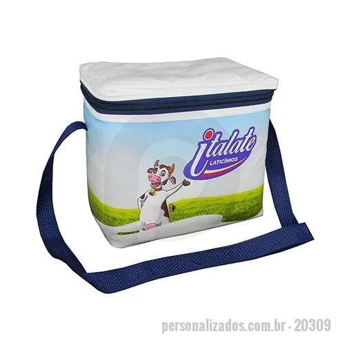 Bolsa térmica dobrável personalizada - Bolsa Térmica medindo 220x200x140mm e confeccionada em PVC. Acabamento em solda eletrônica e impressão em silk-screen