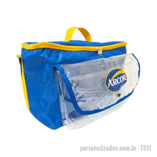 Bolsa térmica personalizada - Bolsa Térmica com capacidade para 18 litros com alça de mão e bolso transparente frontal. Disponível em várias cores. Gravação da Logomarca em até 1 cor já inclusa.  Revestimento externo: Nylon 70. Revestimento interno: PVC Laminado. Acabamento: Vivo.