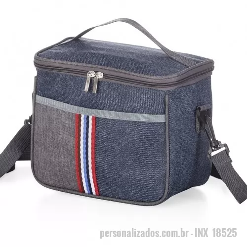 Bolsa térmica personalizada - Bolsa térmica 7,3 Litros confeccionada em nylon, possui bolso frontal com detalhe colorido exterior; alça de mão e também alça transversão ajustável e removível.