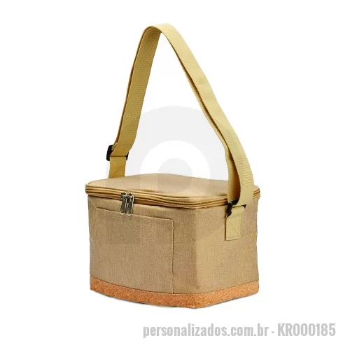 Bolsa térmica personalizada - Bolsa térmica em poliéster e detalhes na parte inferior em cortiça. Alça para regulagem e parte interna soldada. 