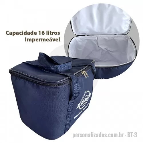 Bolsa térmica personalizada - Bolsa térmica para bebidas personalizada, confeccionada com tecido nylon, revestimento com espuma e tecido laminado, fechamento em ziper e alças para transporte. Tamanho: 33x21x24 cm (LxPxA). Capacidade 16 litros.