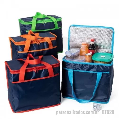 Bolsa térmica personalizada - Bolsa térmica de poliéster com capacidade de 36 litros, contém área interna com revestimento térmico aluminizado, bolso frontal externo e alças de mãos para transporte.