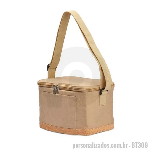 Bolsa térmica personalizada - Bolsa térmica em poliéster e detalhes na parte inferior em cortiça. Alça para regulagem e parte interna soldada.