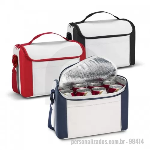 Bolsa térmica personalizada - Bolsa térmica em 600D com alça ajustável em webbing, bolso frontal e capacidade até 8 L. Food grade. 270 x 200 x 160 mm