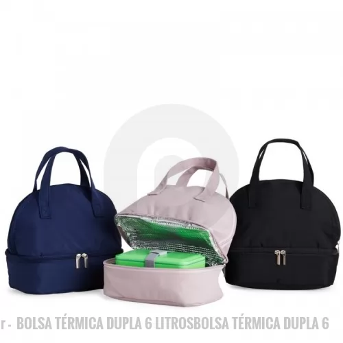Bolsa térmica personalizada - Bolsa térmica dupla em oxford com dois compartimentos térmicos isolados, capacidade de 6 litros. Contém alças de mãos.