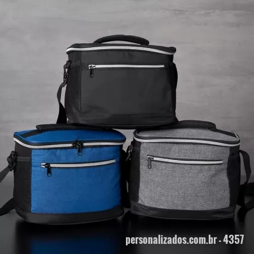 Bolsa térmica personalizada - Bolsa térmica de nylon 10 litros com dois compartimentos e bolsos laterais em malha. Compartimento principal com revestimento térmico.