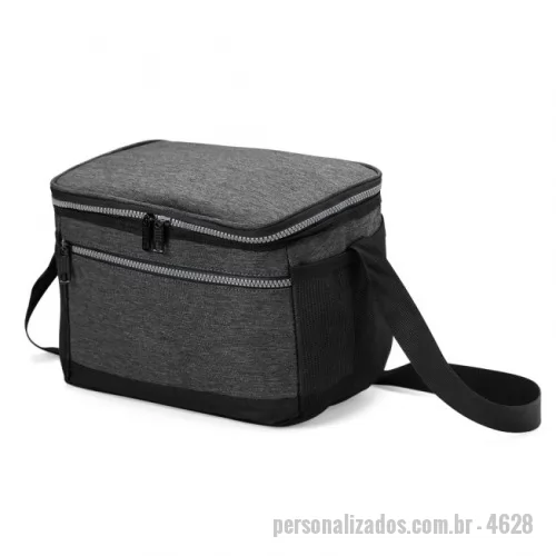 Bolsa térmica personalizada - Bolsa térmica de nylon 10 litros com dois compartimentos, sendo o principal com revestimento térmico e bolso telado para utensílios. Possui bolsos laterais em malha e alça transversal com apoio para ombro.