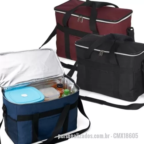 Bolsa térmica personalizada - Bolsa térmica de poliéster oxford 300D de 33 litros com bolso frontal e bolsos laterais em malha.