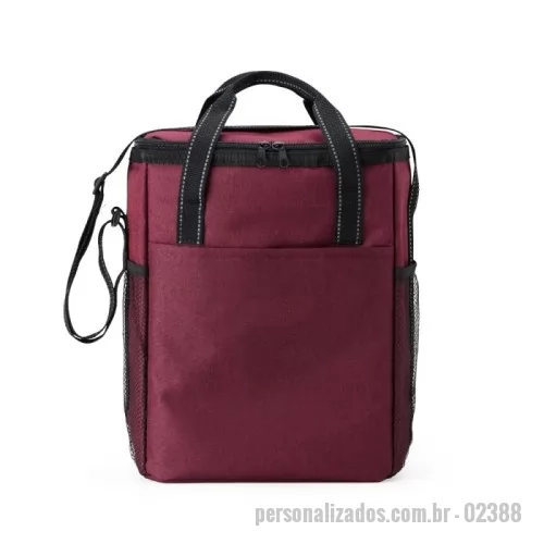 Bolsa térmica personalizada - Bolsa térmica de poliéster de 16 litros com bolso frontal e bolsos laterais de nylon. Acompanha placa com fixação de velcro, com divisórias para organização interna. Cores Disponíveis: Preto e Vermelho.