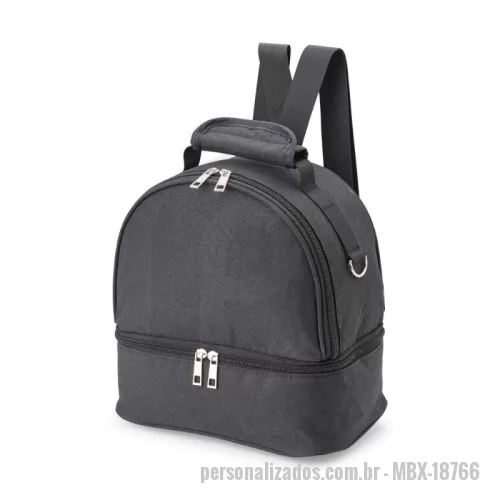 Bolsa térmica personalizada - Bolsa térmica dupla em nylon, com dois compartimentos térmicos isolados, capacidade de 7 litros. Contém bolso traseiro com ziper, alça de mão e alça para as costas.