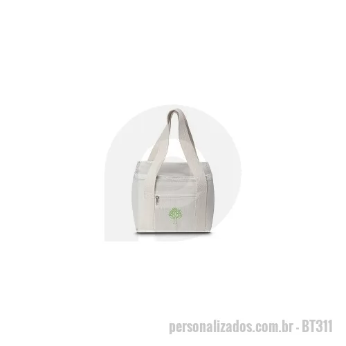 Bolsa térmica personalizada - Bolsa térmica em algodão cru, bolso frontal, alça de mão, compartimento interno soldado, com capacidade de até 8,5L