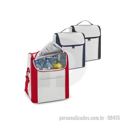 Bolsa térmica personalizada - Bolsa térmica em 600D com zíper duplo, alça ajustável em webbing e bolso frontal. A bolsa tem capacidade até 12 L. Certificação EU Food Grade. 290 x 340 x 190 mm
