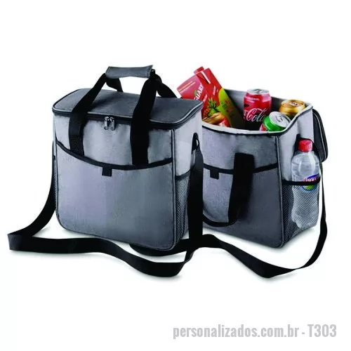 Bolsa térmica personalizada - Bolsa térmica, capacidade 16 litros, tecido nylon e poliéster, bolso frontal, alça de ombro regulável, parte interna soldada para retenção de líquidos, gravação da logomarca no bolso frontal ou tampa. Gravação em 1 cor já inclusa.