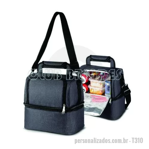 Bolsa térmica personalizada - Bolsa térmica em tecido poliéster, bolso frontal, alça de mão, alça de ombro regulável com 2 compartimentos térmicos. Gravação em 1 cor já inclusa. Dimensão Produto:40x29x23cm. Peso do Produto:0,560kg