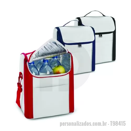 Bolsa térmica personalizada - Bolsa térmica em 600D com ziper duplo, alça ajustável em webbing e bolso frontal. A bolsa tem capacidade até 12 L. Certificação EU Food Grade. 290 x 340 x 190 mm. Gravação em 1 cor já inclusa.