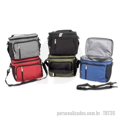 Bolsa térmica personalizada - Bolsa térmica de poliéster com três compartimentos, capacidade de 11 litros. A bolsa possui revestimento térmico em PEVA atóxico com costura soldada (não vaza), alça de mão, bolsos laterais telados e acompanha alça transversal