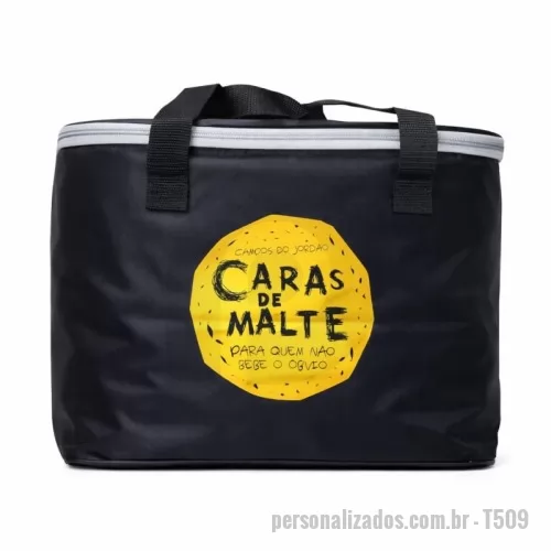 Bolsa térmica personalizada - Bolsa Térmica com capacidade para 15 litros com alça dupla de mão. Revestimento interno em PVC laminado soldado. Disponível em várias cores. Gravação da Logomarca em 1 cor já inclusa
