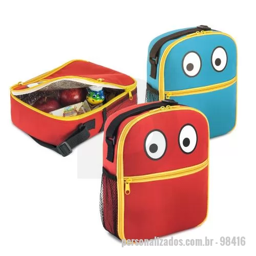 Bolsa térmica personalizada - Bolsa térmica Personalizada - 98416 - Bolsa térmica para criança em 600D com bolso frontal, fechamento com zíper e bolso lateral em tela mesh. Contém alça ajustável em webbing. Capacidade até 4 L. Certificação EU Food Grade. 190 x 230 x 80 mm - 179430 - Bolsa térmica