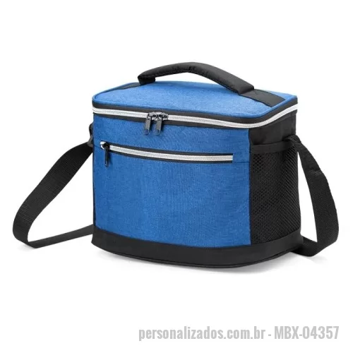 Bolsa térmica personalizada - Bolsa térmica de nylon 10 litros com dois compartimentos e bolsos laterais em malha. Compartimento principal com revestimento térmico.