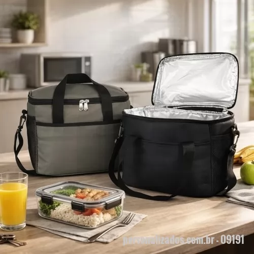Bolsa térmica personalizada - Bolsa térmica confeccionada em couro sintético a partir do PVC impermeável, com capacidade máxima de 12 Litros e revestimento interno em filme de alumínio, que mantém a temperatura de alimentos e bebidas por mais tempo. Possui alças de mão costuradas em poliéster, além de um par de argolas plásticas para engate de alça e três bolsos externos abertos, sendo dois em tela de malha com elástico. Acompanha alça transversal ajustável.  Altura: 23 cm Largura: 28 cm Profundidade: 18,5 cm Medidas aproximadas para gravação(CxL): 12 cm x 25 cm Peso aproximado(g): 391