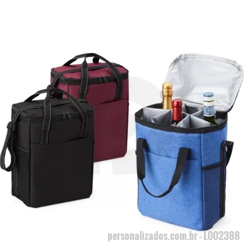 Bolsa térmica personalizada - Bolsa térmica de poliéster de 16 litros(Para Vinhos) com bolso frontal e bolsos laterais de nylon. Acompanha placa (removível) com divisórias e fixação de velcro para organização interna.  Altura :  30 cm  Largura :  23 cm  Profundidade :  16 cm