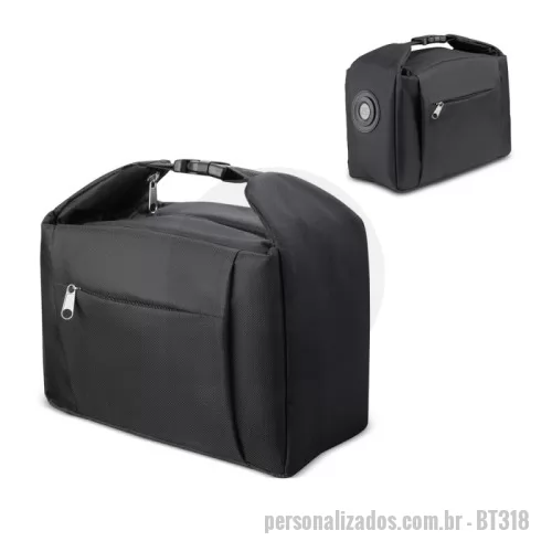 Bolsa térmica personalizada - Bolsa térmica em poliéster 600D com revestimento em PVC com interior costurado, com marcador de temperatura interno na lateral, bolso frontal com zíper e alça de mão com fecho. Dimensão do Produto: 18x26,5x12,5cm
