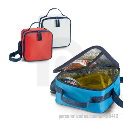 Bolsa térmica personalizada - Bolsa térmica em 600D poliéster com bolso interior em tela mesh e alça ajustável em webbing. Ideal para levar refeições para o trabalho ou escola. Capacidade até 4.5 L. Certificação EU Food Grade. 200 x 200 x 110 mm