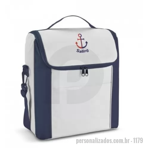 Bolsa térmica personalizada - Bolsa térmica em 600D com zíper duplo, alça ajustável em webbing e bolso frontal. Capacidade até 18 L. Certificação EU Food Grade. 290 x 340 x 190 mm