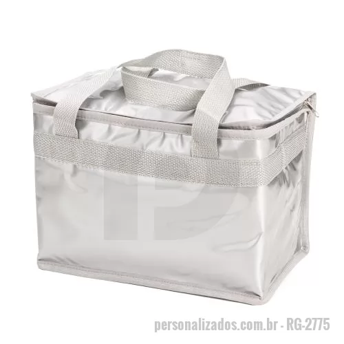 Bolsa térmica personalizada - Bolsa térmica 13 litros em pvc laminado, revestimento interno em polietileno atóxico soldado (não vaza) e alça para mãos em polipropileno.