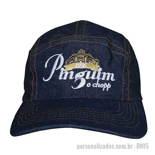 Boné personalizado - Boné modelo Ciclista em Jeans, aba 6 costuras, personalização em bordado.