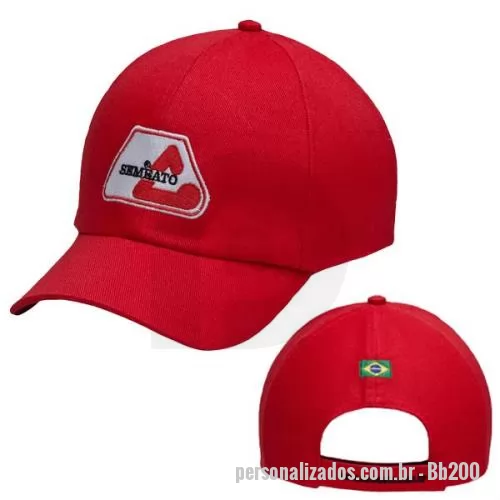 Boné personalizado - Boné em Brim médio nos modelos americano ou 06 gomos, com frontal entretela de memória, reguladores de plástico, e acabamento em algodão, com interno na mesma cor do tecido, com botão e aba encapado com quatro costuras.