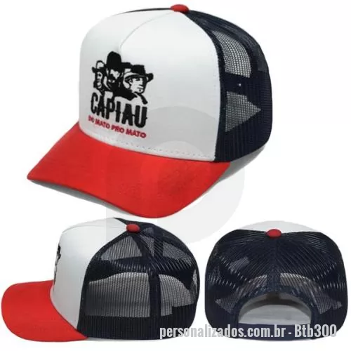 Boné personalizado - Boné modelo Trucker americano ou 6 gomos em tecido Brim médio, dublado com entretela de memoria, acabamento de algodão, telinha laterais e traseira, presponto frontal, aba com 4 costuras e regulares de plástico, ou fivela, com personalização a escolh