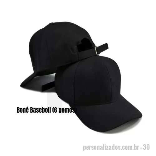Boné personalizado - FICHA TÉCNICA - BONÉ PROMOCIONAL Produto: Boné  Modelo: Baseball ou Americano Tecido principal: Brim  Composição: 100%algodão  Revestimento frontal: Entretela de memória ou algodão. Aba: Curva com enchimento em plástico (PE) OBS: Ilhós Bordado e aba com 6 costuras botão superior: Revestido no mesmo tecido Regulador: Plástico, Velcro e arreata e fivela. Personalização Processos: Silk, Silk Emborrachado, Aplique e Bordado. 