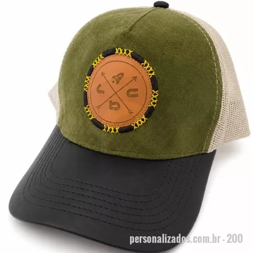 Boné Trucker personalizado - bone trucker em Camurca com aba em couro sintético, aplique gravado a laser...