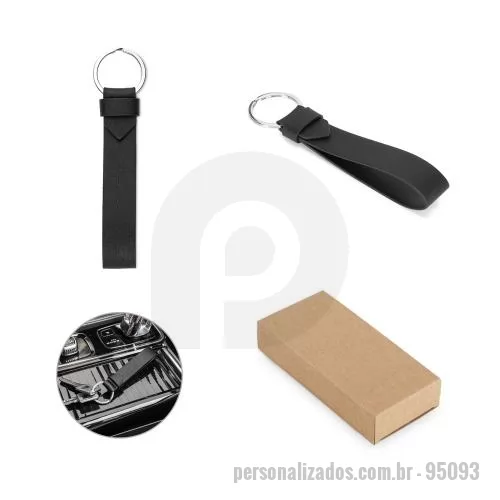 Brindes em Geral personalizado - Chaveiro em PU com argola em ferro. Fornecido em caixa presente de papel kraft reciclado. 150 x 100 mm | Caixa: 35 x 12 x 113 mm