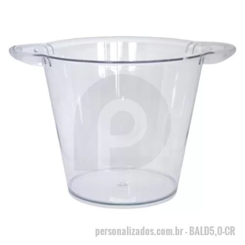 Brindes em Geral personalizado - Capacidade: 5 litros Medidas: 28,5 cm de diâmetro (boca), 16,2 cm de diâmetro (base) e 20 cm de altura Peso: 322 gramas Disponível em diversas cores. Embalado em saco plástico individual Opção para personalização em serigrafia e transfer Produto utilizado com frequência em bares, festas e eventos.